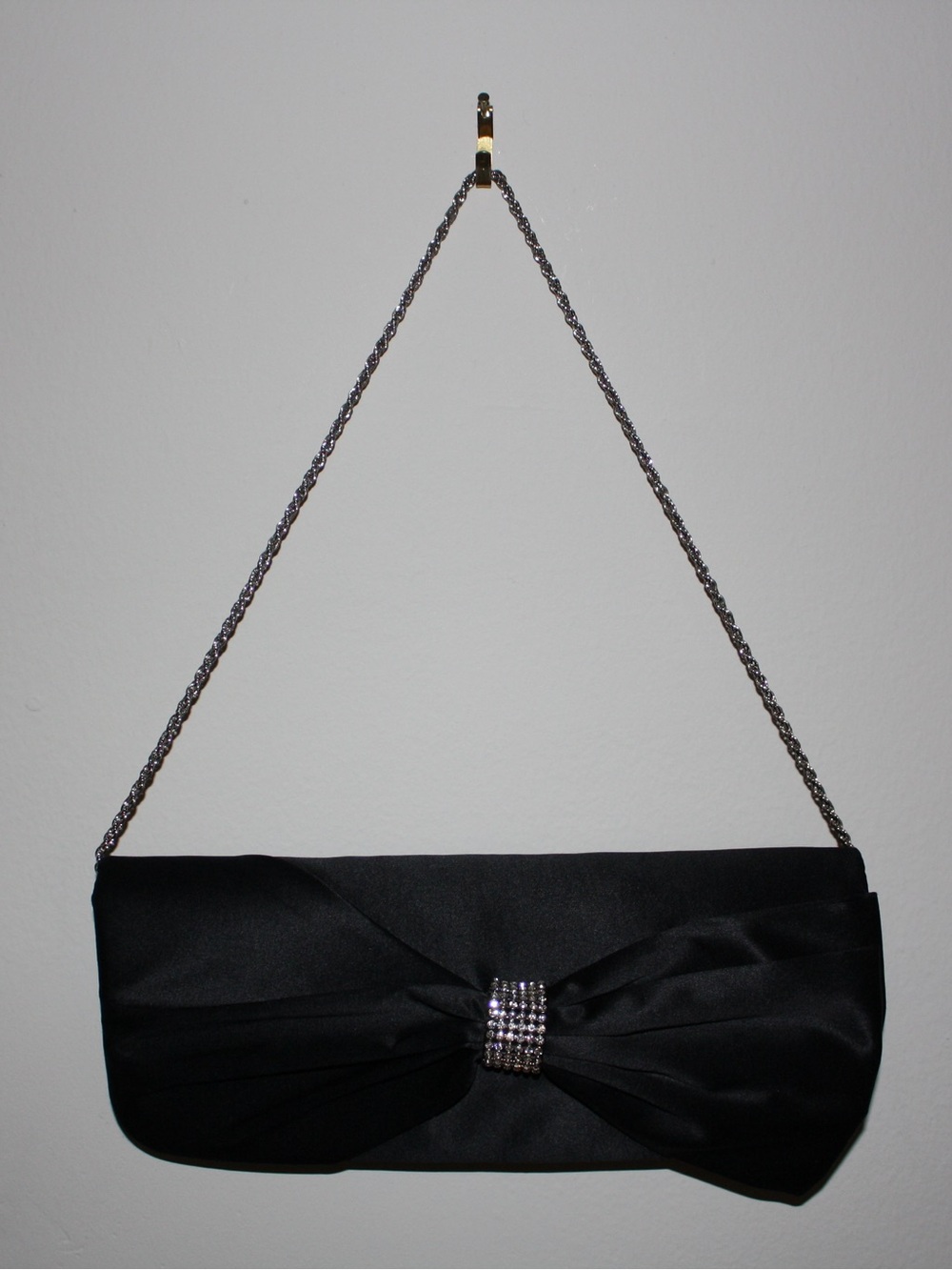 Elegant Black Satin Bow Clutch with Chain Strap